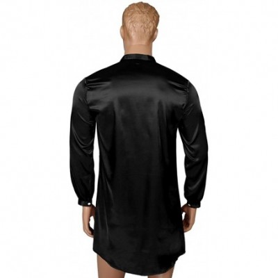 Robes Mens Silky Satin Nightshirt Comfy Long Sleeve Solid Color Pajamas Loose Pullover Sleepwear - Black - CA18U0LYTO8