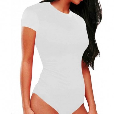 Shapewear Women's Short-Sleeve Round Neck Leotard Basic Bodysuits Elastic T-Shirts Bodycon Jumpsuit - White - CS18QHNOK8R