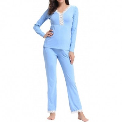 Sets Women's Pajama Set Long Sleeve V-Neck Full Length Pants Soft Pj Sets Sleepwear - Style 2_light Blue - CV18KL7NOS4