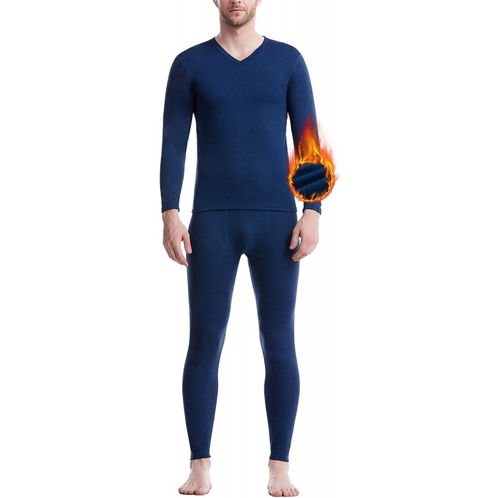 Thermal Underwear Men's Thermal Underwear Set Microfiber Fleece Long Johns Winter Base Layer Top and Bottom - Blue - C218AHR40ML