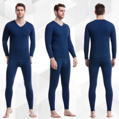 Thermal Underwear Men's Thermal Underwear Set Microfiber Fleece Long Johns Winter Base Layer Top and Bottom - Blue - C218AHR40ML