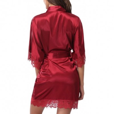 Robes Womens Lace Trim Satin Kimono Bathrobe Nightgown Bridal Robe - Style 2 Burgundy - CJ1967U92GD