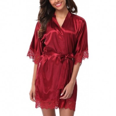 Robes Womens Lace Trim Satin Kimono Bathrobe Nightgown Bridal Robe - Style 2 Burgundy - CJ1967U92GD