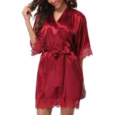 Robes Womens Lace Trim Satin Kimono Bathrobe Nightgown Bridal Robe - Style 2 Burgundy - CJ1967U92GD