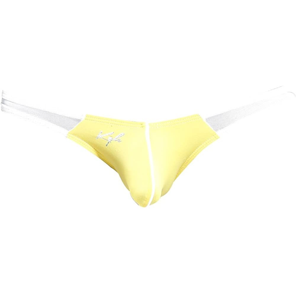 Bikinis Men's Sexy Slip Bikini Dual Color Piping Pouch Enhancing Underwear - White/Yellow - C7183KYOKE7