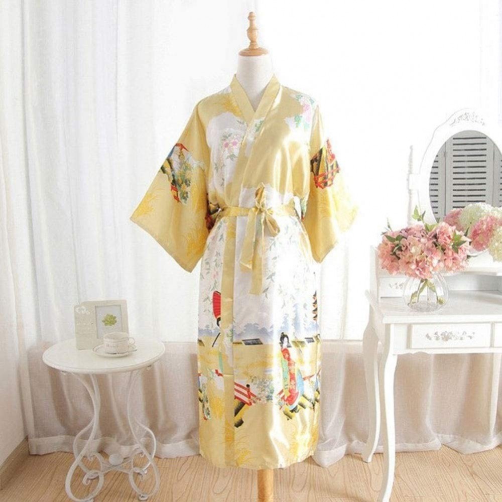 Robes Mix Color Summer Women's Kimono Long Robe Bathrobe Nightwear Female Faux Silk Bath Gown One Size Comfortable Very Beaut...