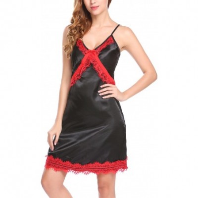 Baby Dolls & Chemises Women's Sleepwear Sexy Full Slip Satin Nightgown Mesh Chemise Lace Nightdress - 6991 Black - CH18ZY2N4T8