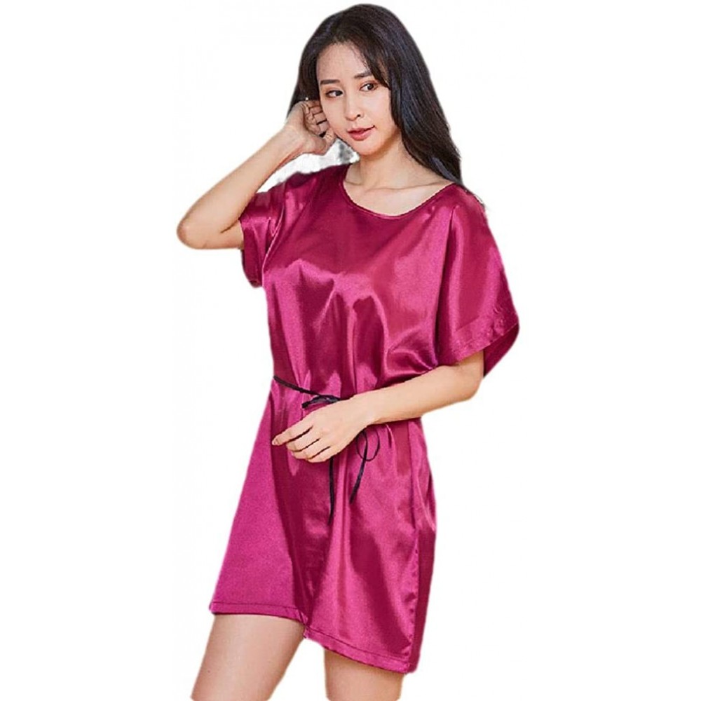 Nightgowns & Sleepshirts Women's Short Sleeves Charmeuse Silky Soft Spa Summer Sleeping Dress - Rose Red - C1199SM5045