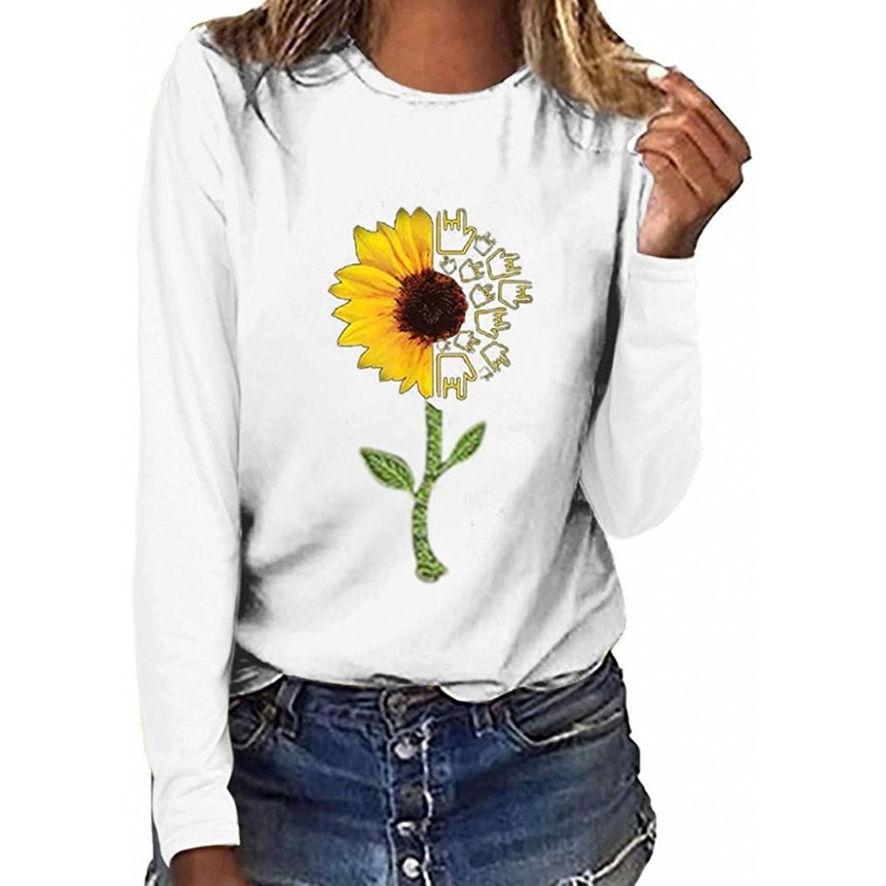 Bras Women Crewneck Long Sleeve Sunflower Tee Shirt Cute Graphic T Shirts Casual Plus Size Blouses - White - C0195QDHHMI