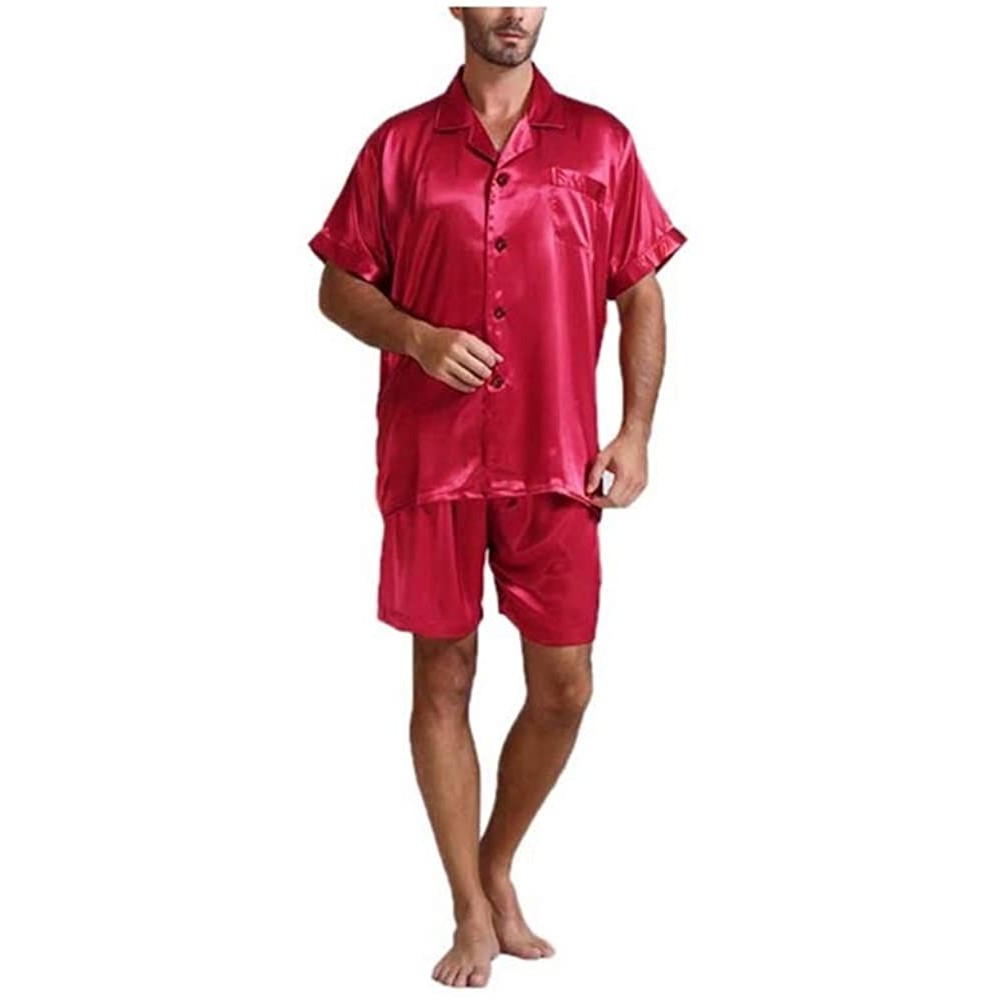 Sleep Sets Pajama Men Set Satin Silk Sleepwear Clothes Tops Shorts Rayon Silk Pyjamas - Red - CI18S7NT3RX