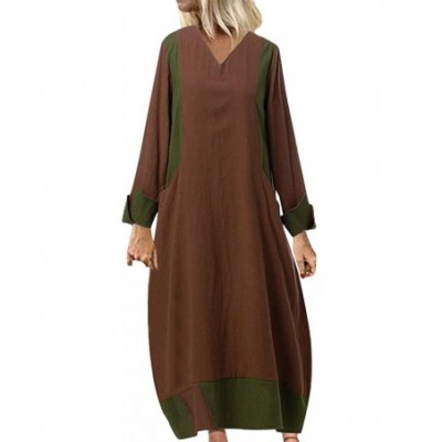 Thermal Underwear Women Boho Irregular Maxi Kaftan Dress Layer Vintage Loose Linen Dress with Pockets - B-brown - CF18ALIN07G