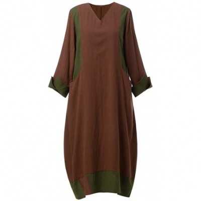 Thermal Underwear Women Boho Irregular Maxi Kaftan Dress Layer Vintage Loose Linen Dress with Pockets - B-brown - CF18ALIN07G