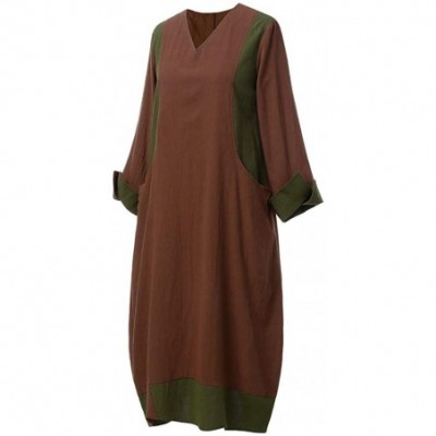 Thermal Underwear Women Boho Irregular Maxi Kaftan Dress Layer Vintage Loose Linen Dress with Pockets - B-brown - CF18ALIN07G