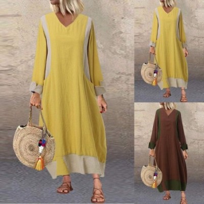 Thermal Underwear Women Boho Irregular Maxi Kaftan Dress Layer Vintage Loose Linen Dress with Pockets - B-brown - CF18ALIN07G