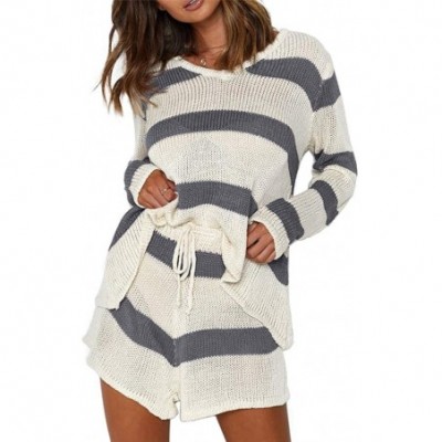 Sets Womens 2 Piece Outfits Long Sleeve Tops and Drawstring Shorts Summer Stripe Romper Light Knit Set - Grey - C4190OMELXG