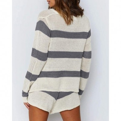 Sets Womens 2 Piece Outfits Long Sleeve Tops and Drawstring Shorts Summer Stripe Romper Light Knit Set - Grey - C4190OMELXG