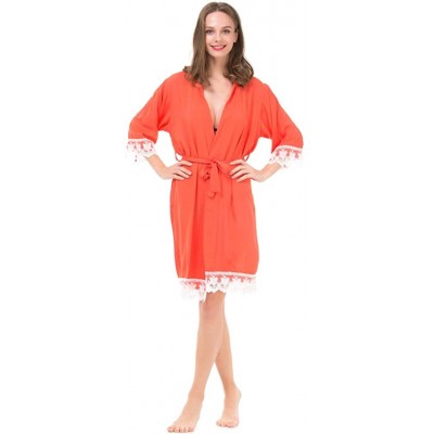 Robes Women's Cotton Kimono Robe for Bride and Bridesmaid with Lace Trim - Orangered - CB18NGE6USK