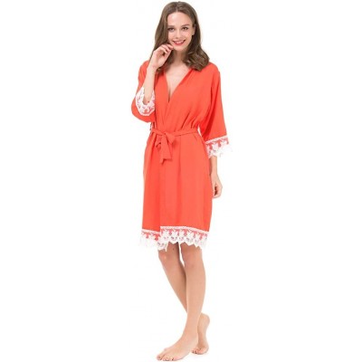 Robes Women's Cotton Kimono Robe for Bride and Bridesmaid with Lace Trim - Orangered - CB18NGE6USK