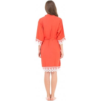 Robes Women's Cotton Kimono Robe for Bride and Bridesmaid with Lace Trim - Orangered - CB18NGE6USK