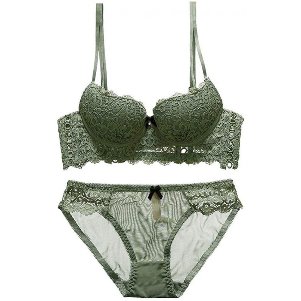 Bras Women's Embroidery Wirefree Half Cup Bra Set Push Up Balconette Bra and Panty Set - Green - CJ18LYR543Z