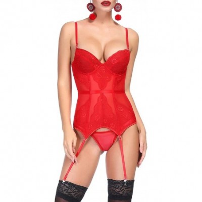 Baby Dolls & Chemises Womens Lingerie Set Stretchy Lace Teddy Bodysuit Chemise Nightwear with Garter Belts - Red - CD198UHAWSS