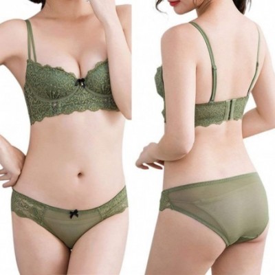 Bras Women's Embroidery Wirefree Half Cup Bra Set Push Up Balconette Bra and Panty Set - Green - CJ18LYR543Z