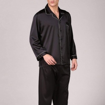 Sleep Sets Mens Silky Pyjamas Set Spring Autumn 2Pc Sets Men Sleepwear Pant&Shirt Set Thin Soft - Black - C118AQ6MEDM