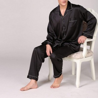 Sleep Sets Mens Silky Pyjamas Set Spring Autumn 2Pc Sets Men Sleepwear Pant&Shirt Set Thin Soft - Black - C118AQ6MEDM