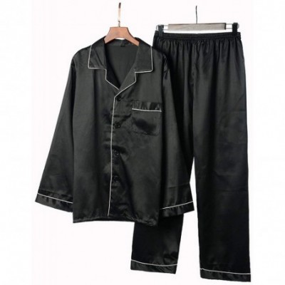 Sleep Sets Mens Silky Pyjamas Set Spring Autumn 2Pc Sets Men Sleepwear Pant&Shirt Set Thin Soft - Black - C118AQ6MEDM