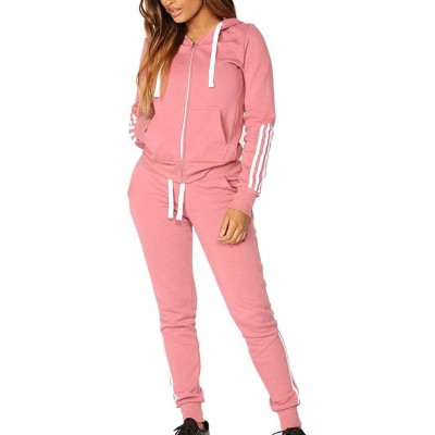 Thermal Underwear Women's Fashion Casual Stripe Zipper Long Sleeve Pullove Sport Tops+Long Pants Set - Pink - CB18LWHEWUI