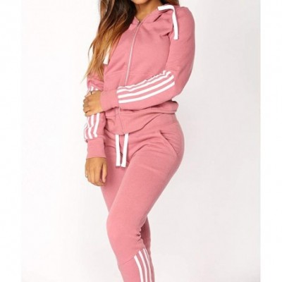 Thermal Underwear Women's Fashion Casual Stripe Zipper Long Sleeve Pullove Sport Tops+Long Pants Set - Pink - CB18LWHEWUI