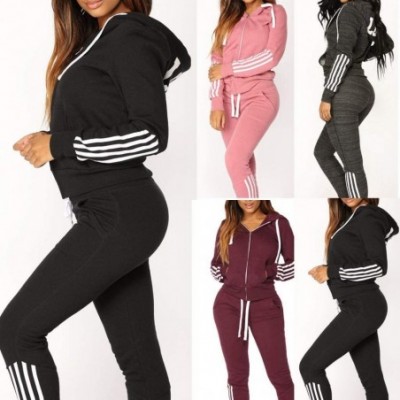 Thermal Underwear Women's Fashion Casual Stripe Zipper Long Sleeve Pullove Sport Tops+Long Pants Set - Pink - CB18LWHEWUI