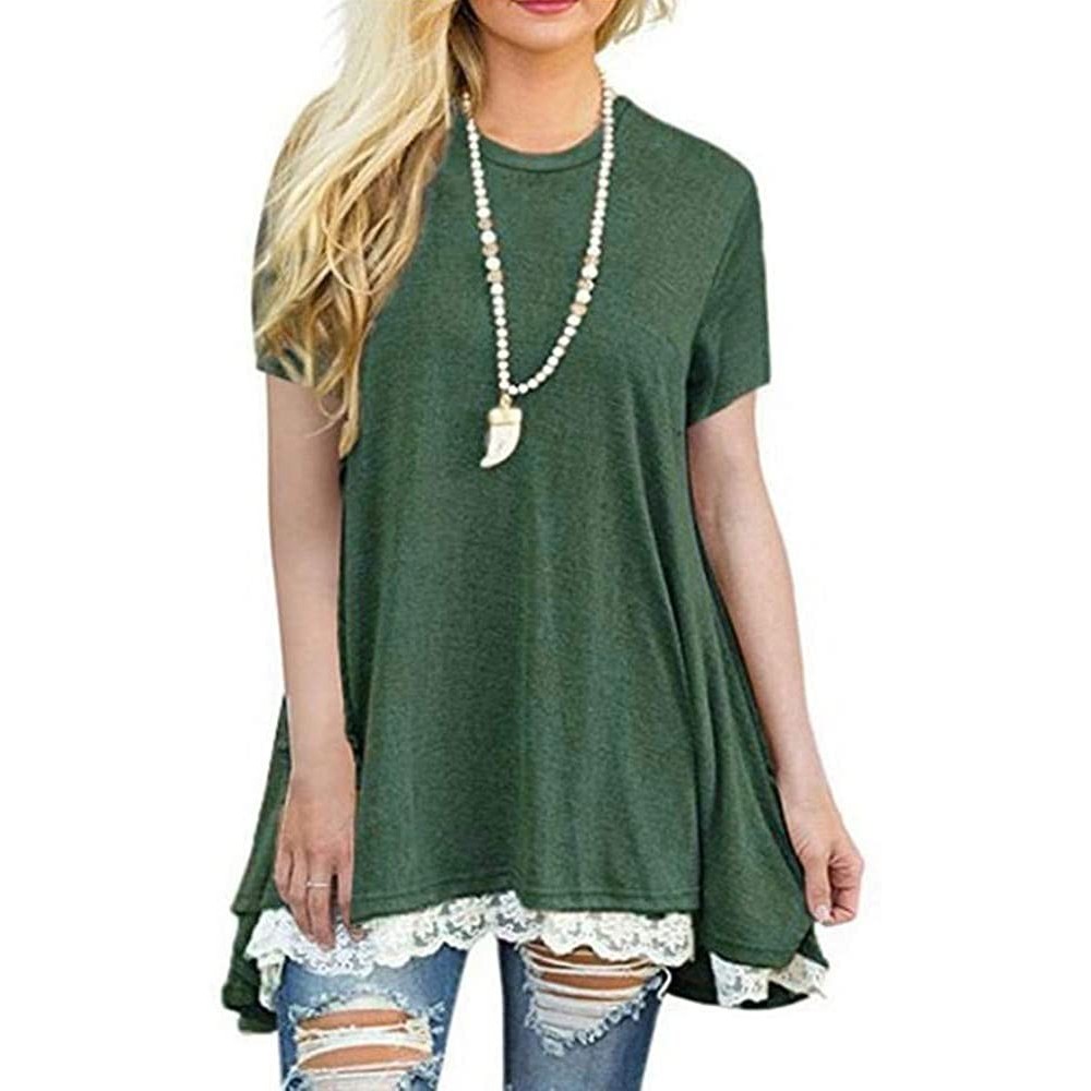 Shapewear Women's Casual Lace Short-Sleeved Shirt Pullover Round Neck Loose Ladies T-Shirt Top - Armygreen - CY18S8RW65N