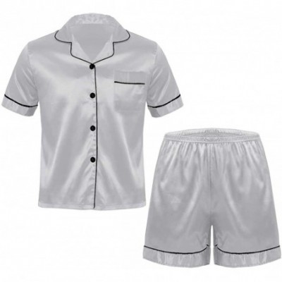 Sleep Sets Men's Silk Satin Pajamas Set Short Sleeve Top Shirt Casual Shorts Sleepwear - Silvery Grey - CV199HNYZHI