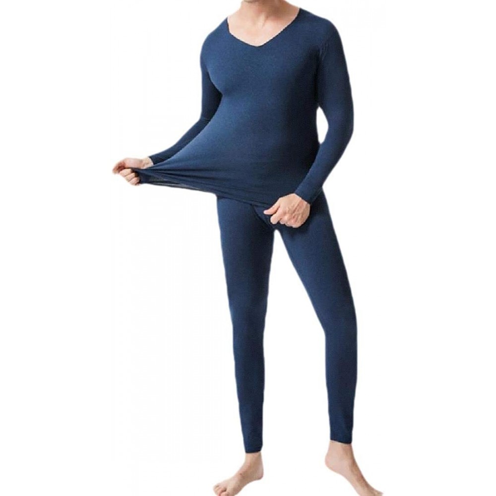 Thermal Underwear Men's Solid-Colored Mock Neck Warm Base Soft 2-Piece Thermal Underwears - Navy Blue - CN19D65X58M