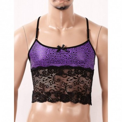 Undershirts Men's Sissy Lace Crossdress Lingerie Cross Back Sport Muscle Crop Top Tank Vest Nightwear - Purple - C619CK77QHM