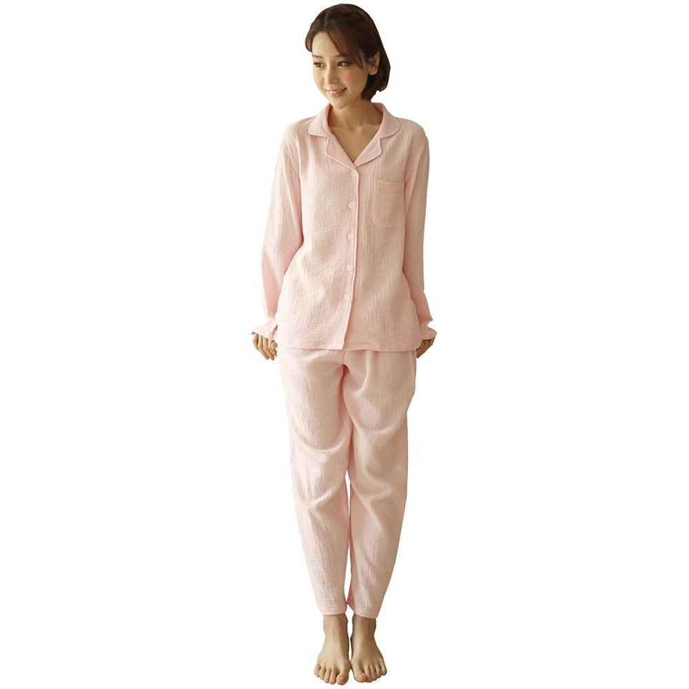 Sleep Sets Doube Sided Crepe Cotton Pajamas Set for Couple Men Women Long-Sleeve Button Down Sleepwear - Pink for Women - CH1...