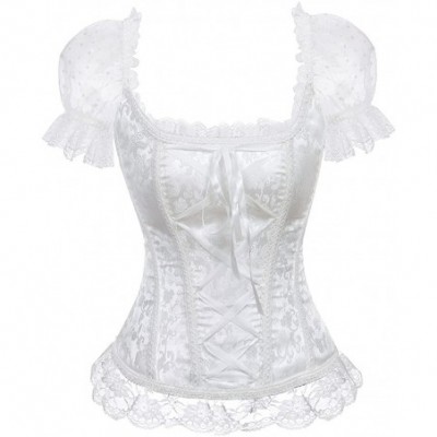 Bustiers & Corsets Gothic Tapestry Lace up Boned Corset Overbust Bustier with Lace Sleeves - White - CU12I7N5TX1