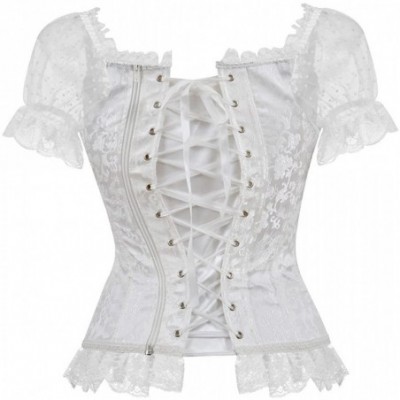 Bustiers & Corsets Gothic Tapestry Lace up Boned Corset Overbust Bustier with Lace Sleeves - White - CU12I7N5TX1