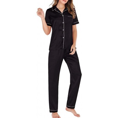 Nightgowns & Sleepshirts Women's Casual Short Sleeve Button Pocket Blouse Sleepwear Trousers Nightwear Suit - Black - CW19840...