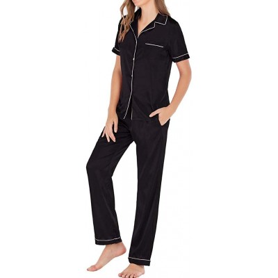 Nightgowns & Sleepshirts Women's Casual Short Sleeve Button Pocket Blouse Sleepwear Trousers Nightwear Suit - Black - CW19840...