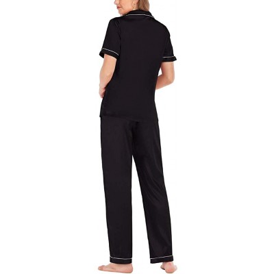 Nightgowns & Sleepshirts Women's Casual Short Sleeve Button Pocket Blouse Sleepwear Trousers Nightwear Suit - Black - CW19840...