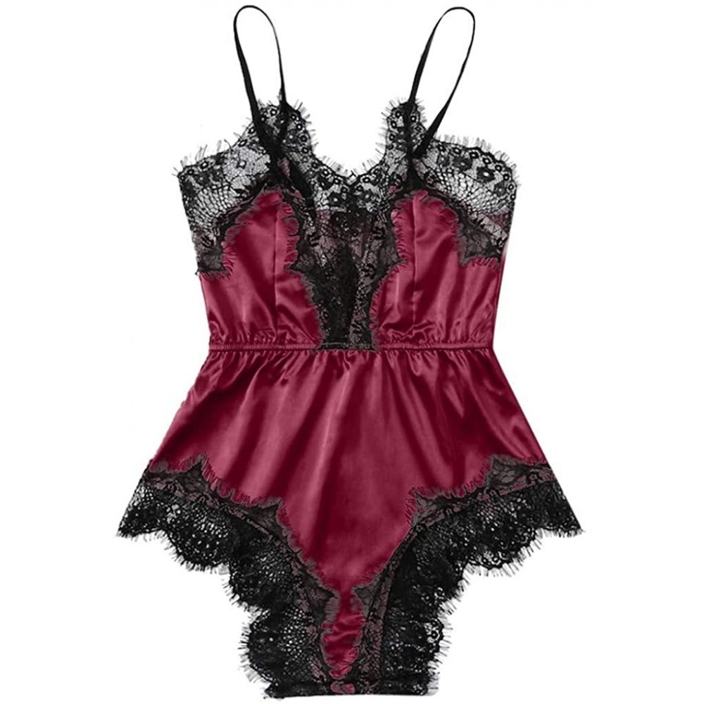 Shapewear Satin Lace Sexy Bra Underpant Siamese Sleepwear Bodysuit Babydoll Women's Lingerie S-XXXL - Win Red - CE194425D0O