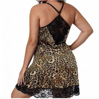 Nightgowns & Sleepshirts Womens Hollow Out Strap Lace Trim Splice Casual Plus-Size Caftan Loungewear - Leopard - CA199OCZ8Y0