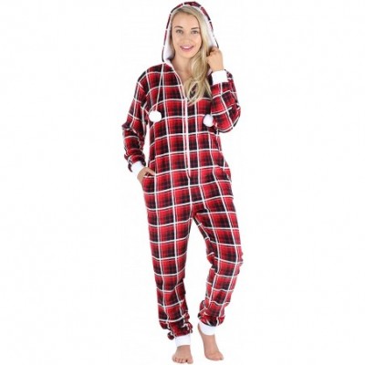 Sets Women's Fleece Non-Footed Onesie Loungewear Pajamas - Red Plaid - CH18QZE8RA6