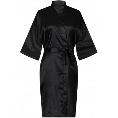 Robes Women Pure Color Short Satin Kimono Robe Silky Robe Satin Sleepwear - Black - CN18A0HZCT3