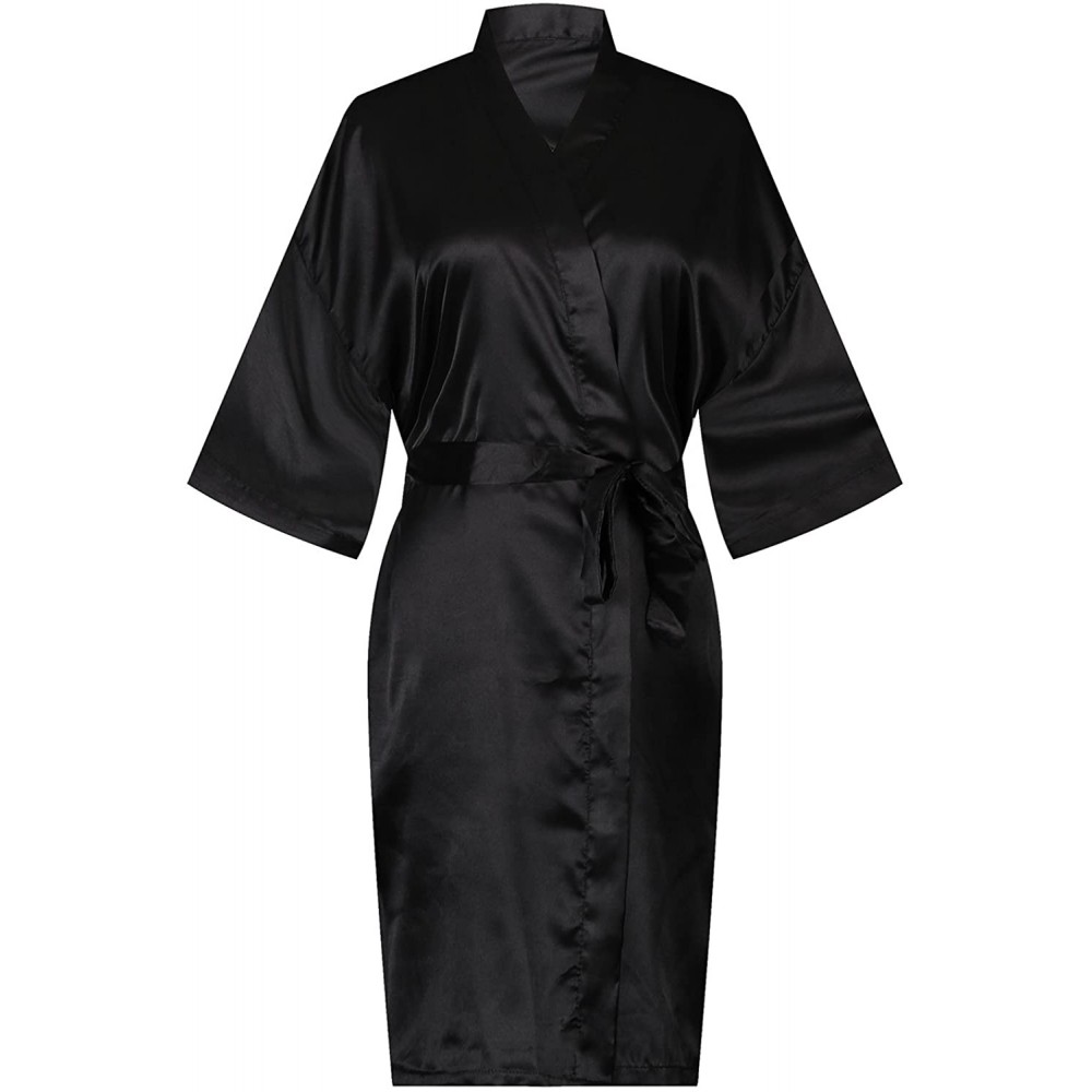 Robes Women Pure Color Short Satin Kimono Robe Silky Robe Satin Sleepwear - Black - CN18A0HZCT3