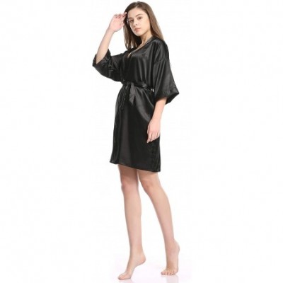 Robes Women Pure Color Short Satin Kimono Robe Silky Robe Satin Sleepwear - Black - CN18A0HZCT3