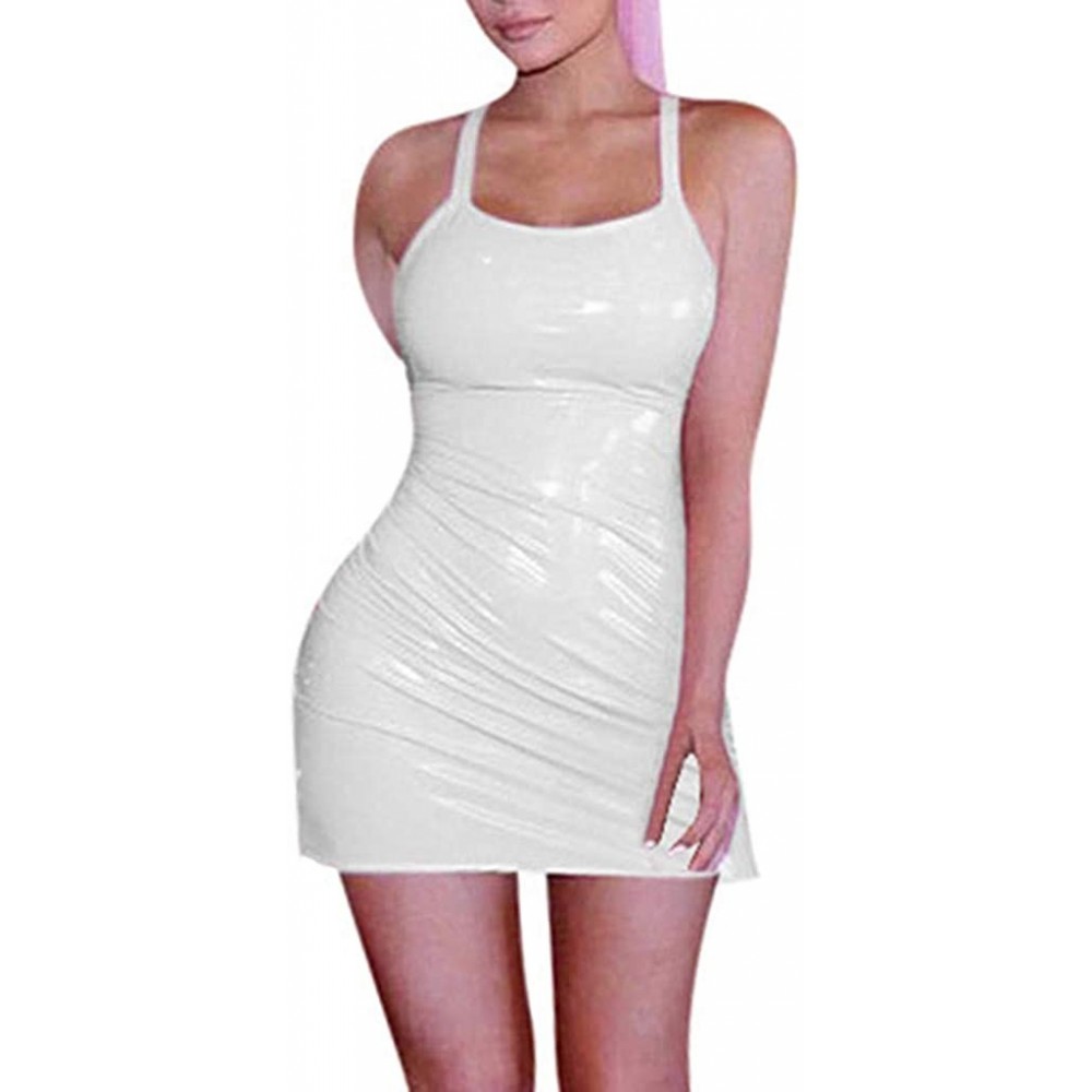 Bottoms Women Sexy Skirt Solid Leather Wetlook Night Club Bodycon Party Short Mini Dress - White - CN18QLGOAYH