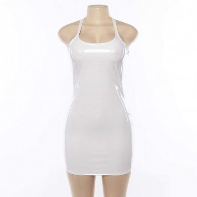 Bottoms Women Sexy Skirt Solid Leather Wetlook Night Club Bodycon Party Short Mini Dress - White - CN18QLGOAYH